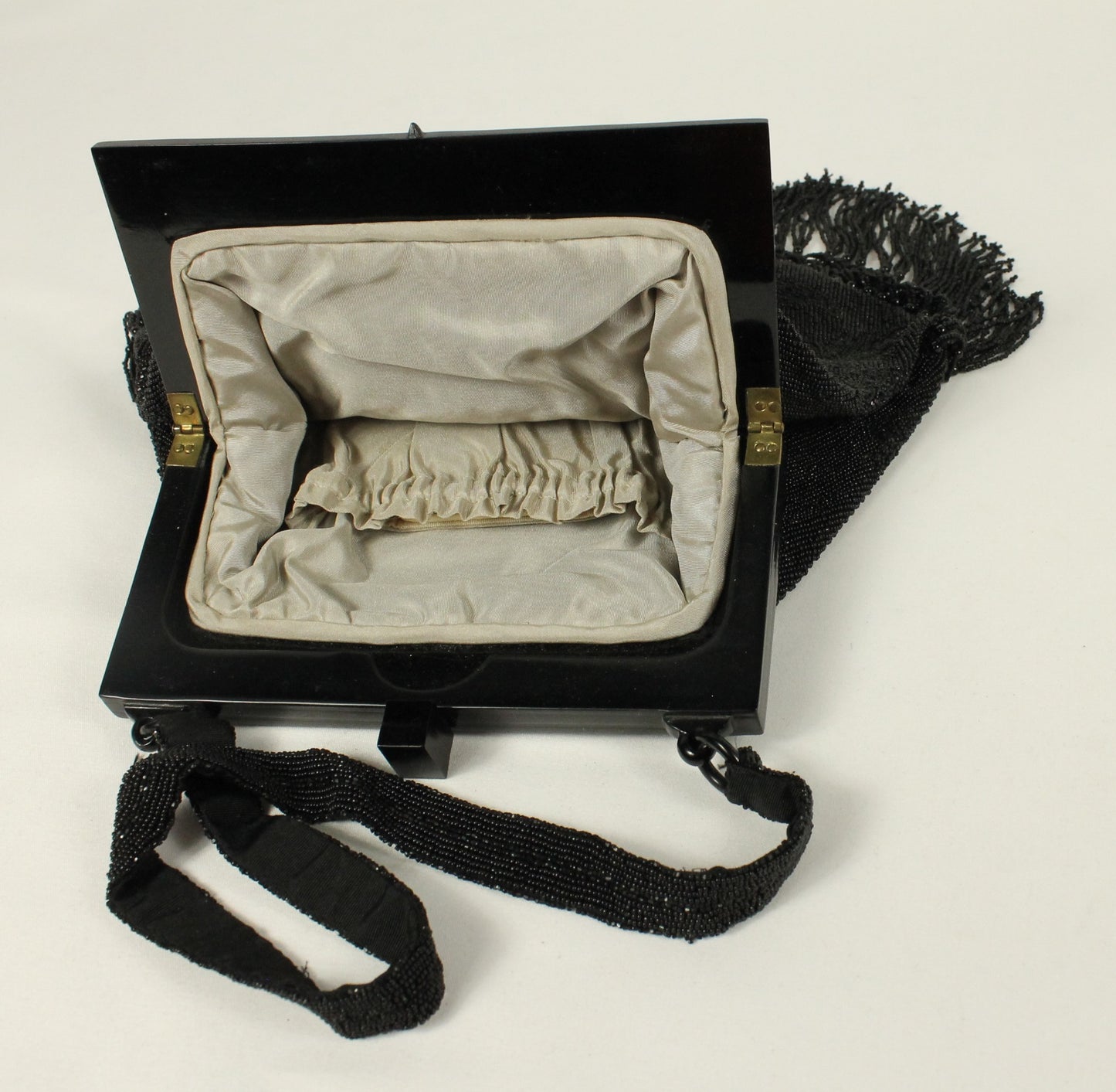 Vintage Black Micro-Beaded Evening Bag with Fringe | Art Deco Style Lucite/Celluloid Frame & Closure