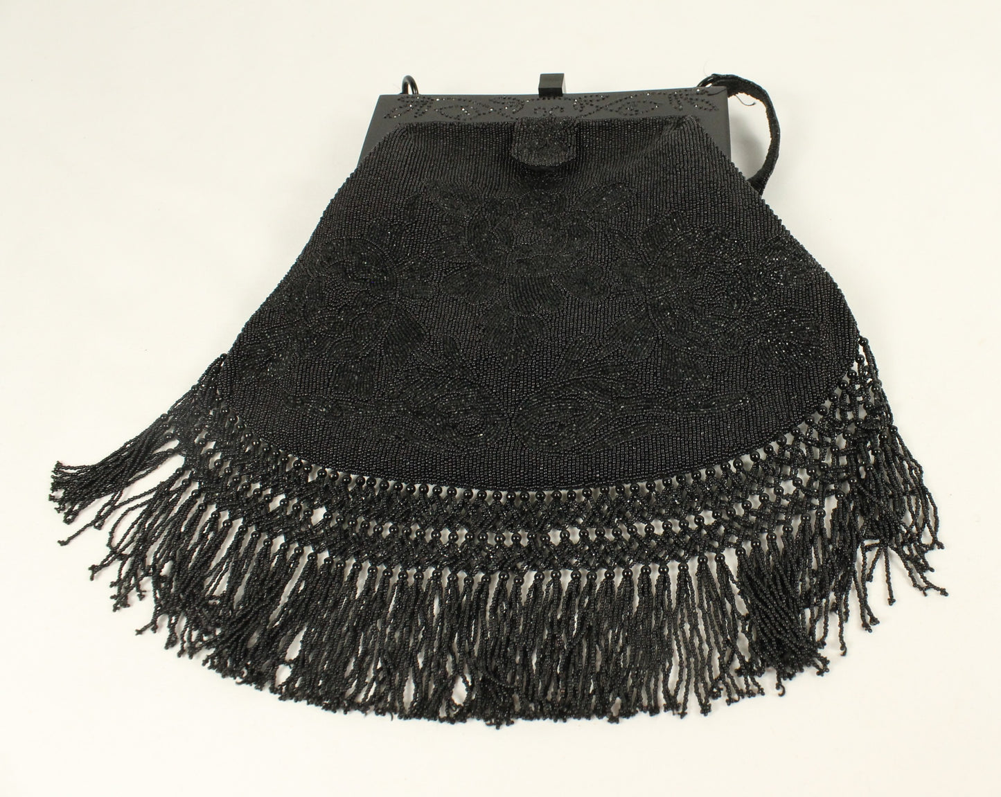 Vintage Black Micro-Beaded Evening Bag with Fringe | Art Deco Style Lucite/Celluloid Frame & Closure
