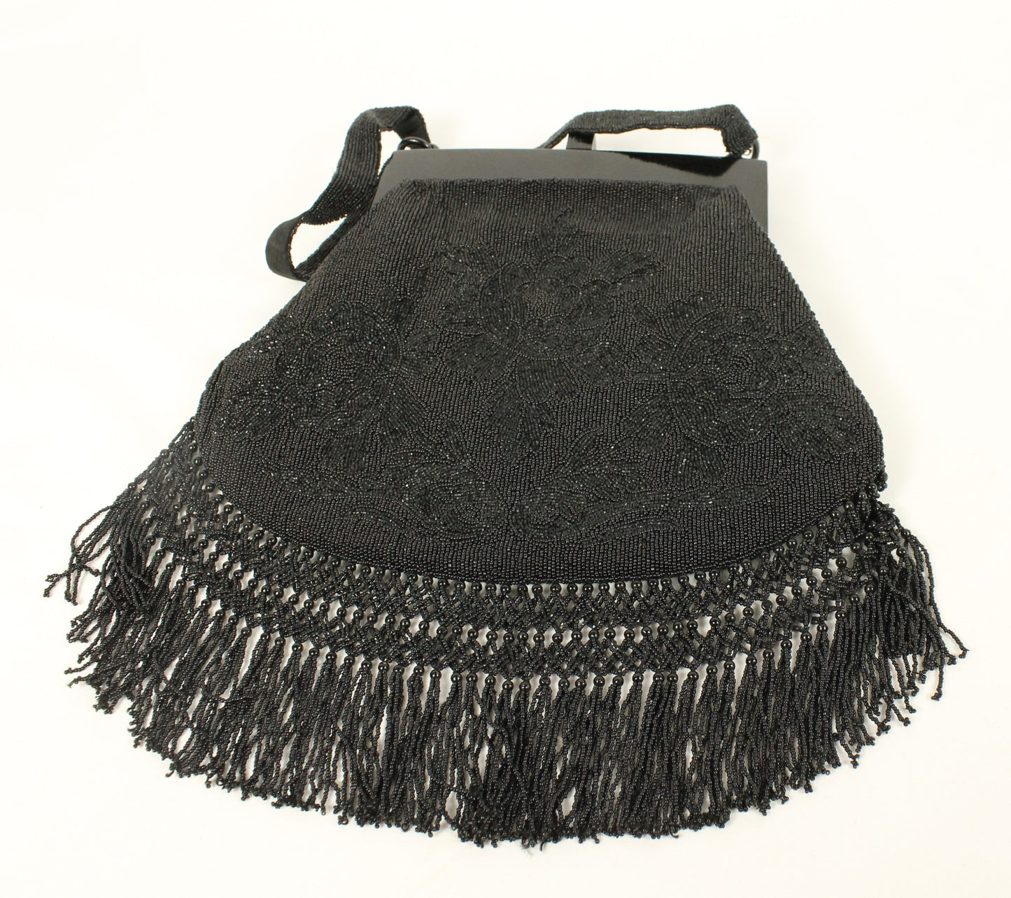 Vintage Black Micro-Beaded Evening Bag with Fringe | Art Deco Style Lucite/Celluloid Frame & Closure