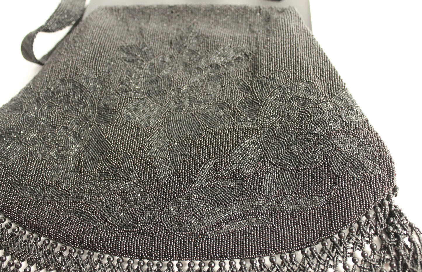 Vintage Black Micro-Beaded Evening Bag with Fringe | Art Deco Style Lucite/Celluloid Frame & Closure