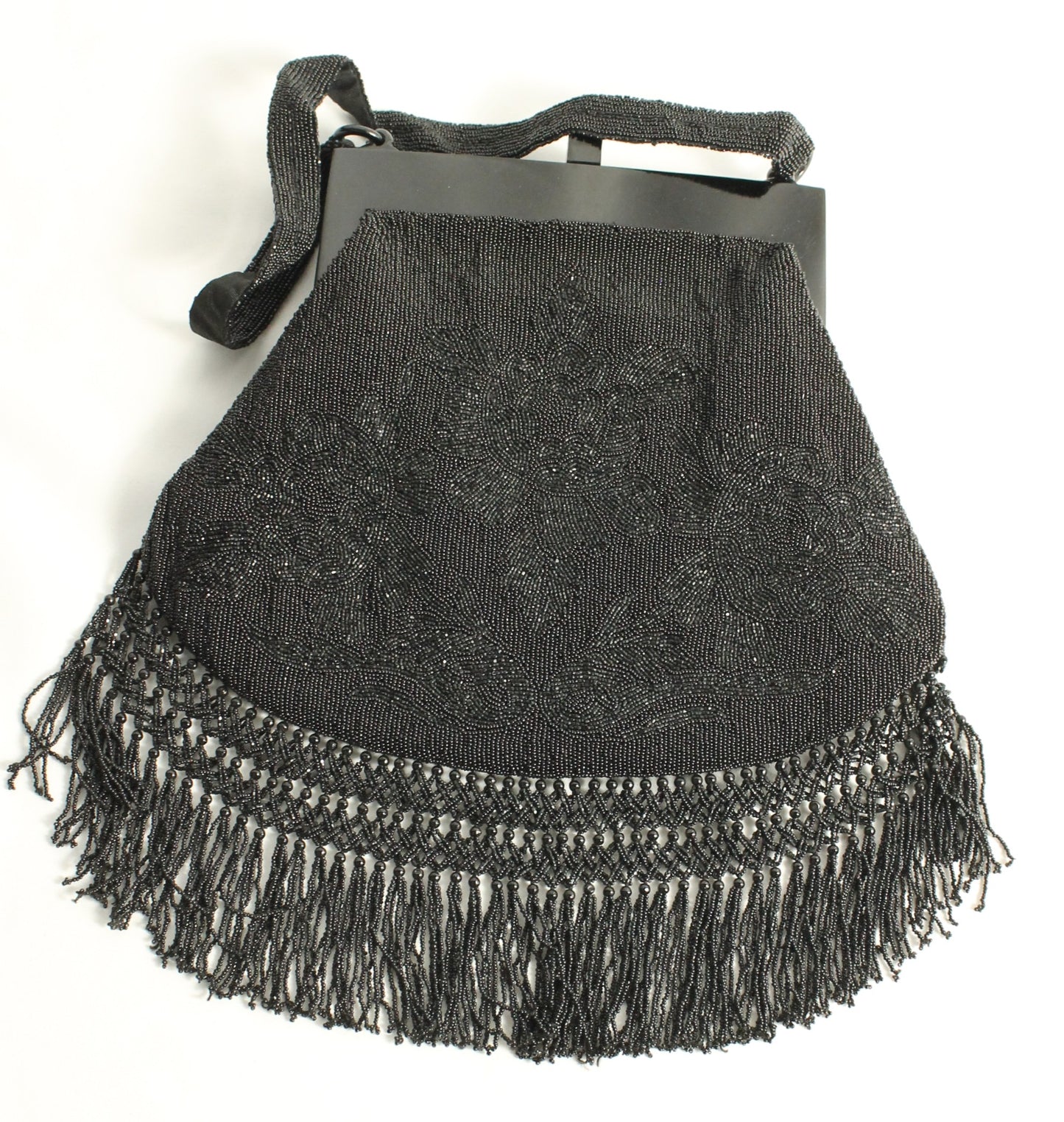 Vintage Black Micro-Beaded Evening Bag with Fringe | Art Deco Style Lucite/Celluloid Frame & Closure