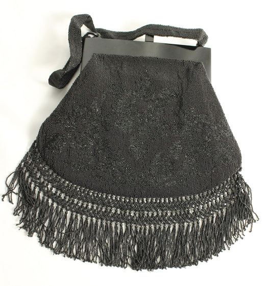 Vintage Black Micro-Beaded Evening Bag with Fringe | Art Deco Style Lucite/Celluloid Frame & Closure
