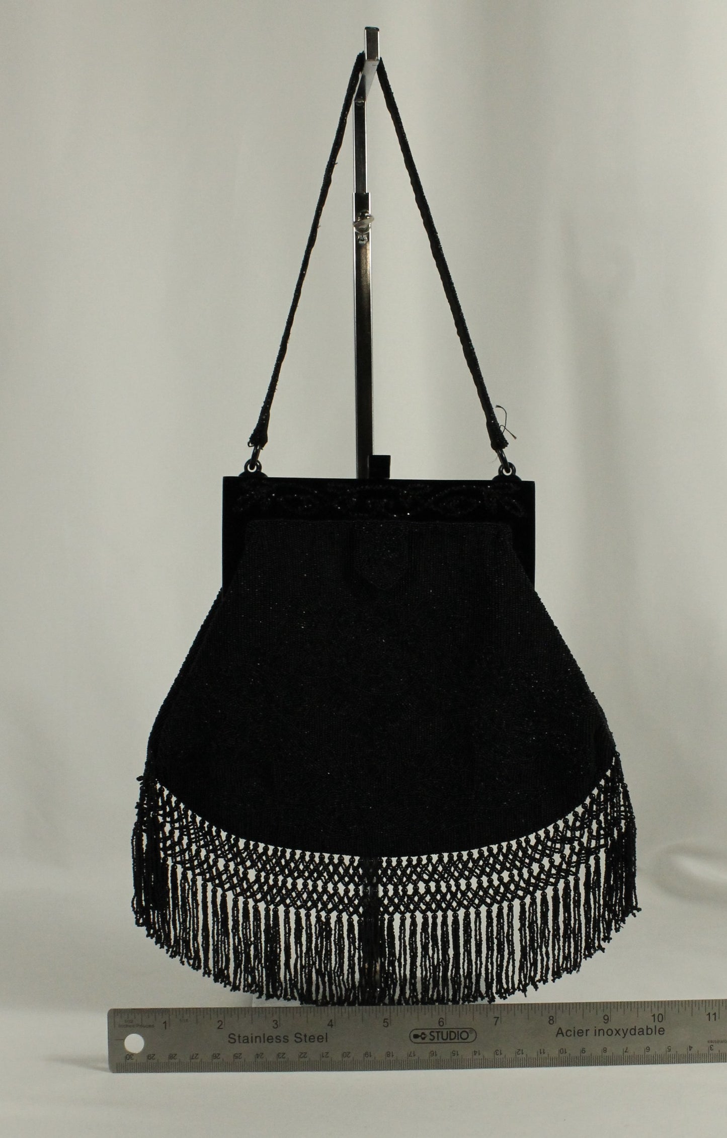 Vintage Black Micro-Beaded Evening Bag with Fringe | Art Deco Style Lucite/Celluloid Frame & Closure