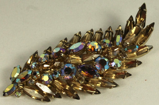 Spectacular Vintage Sherman Brooch - Champagne Topaz & Aurora Borealis AB Crystal Leaf/Feather Pin