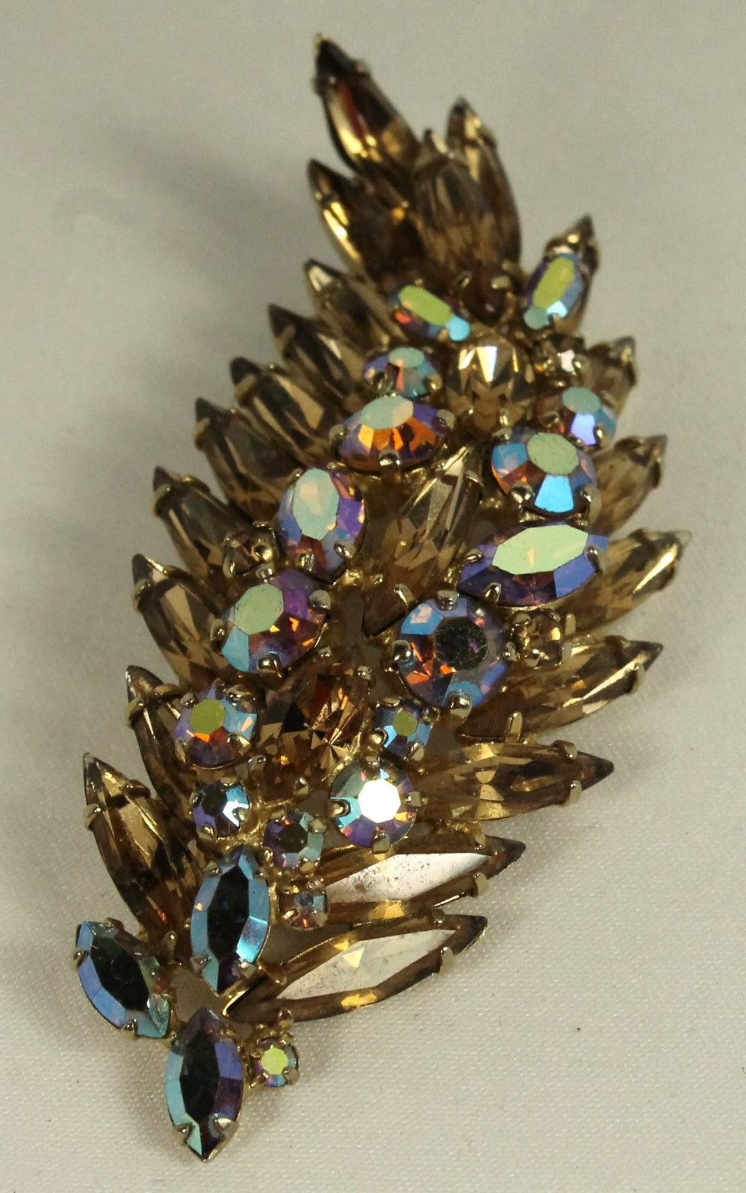 Spectacular Vintage Sherman Brooch - Champagne Topaz & Aurora Borealis AB Crystal Leaf/Feather Pin