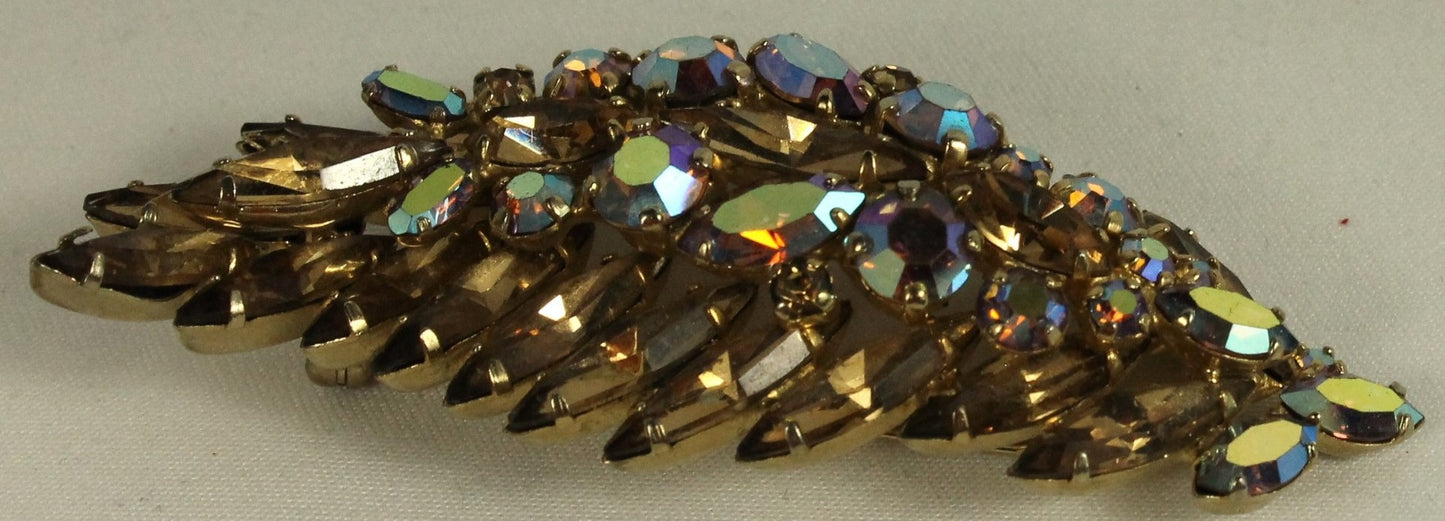 Spectacular Vintage Sherman Brooch - Champagne Topaz & Aurora Borealis AB Crystal Leaf/Feather Pin