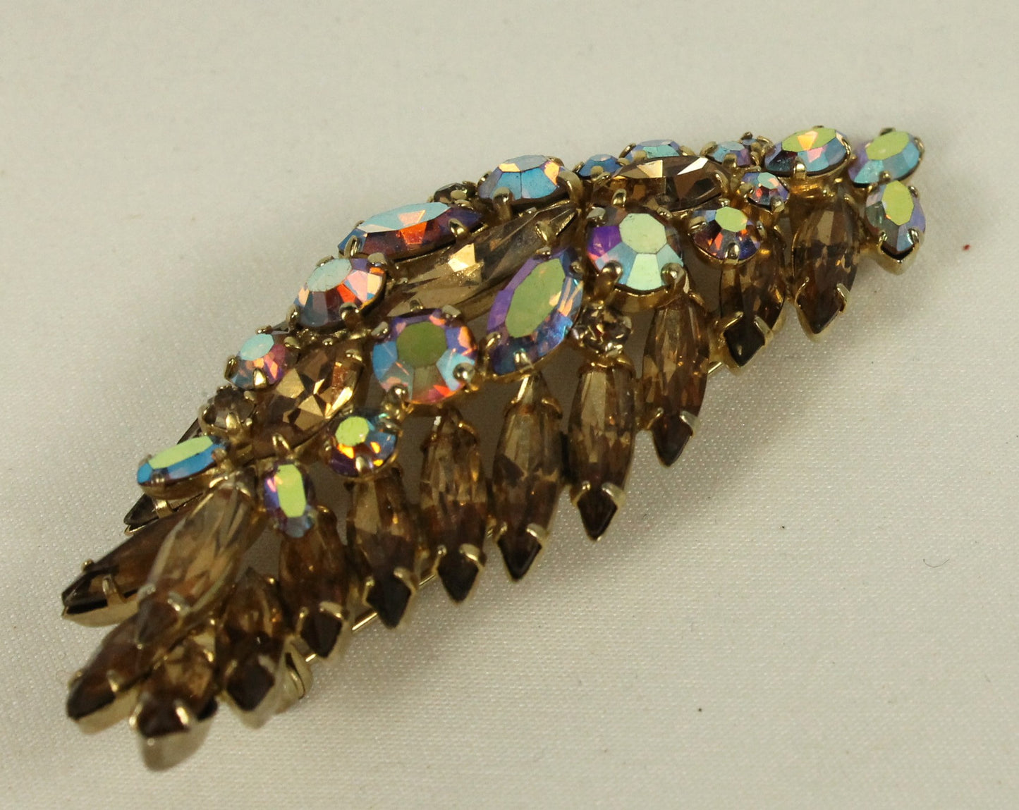 Spectacular Vintage Sherman Brooch - Champagne Topaz & Aurora Borealis AB Crystal Leaf/Feather Pin