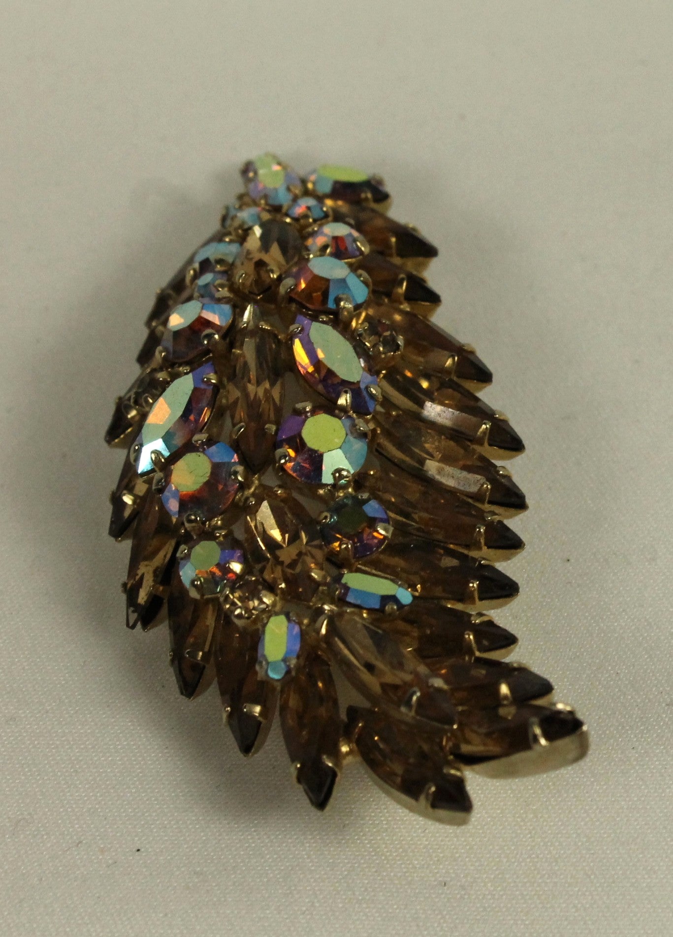 Spectacular Vintage Sherman Brooch - Champagne Topaz & Aurora Borealis AB Crystal Leaf/Feather Pin