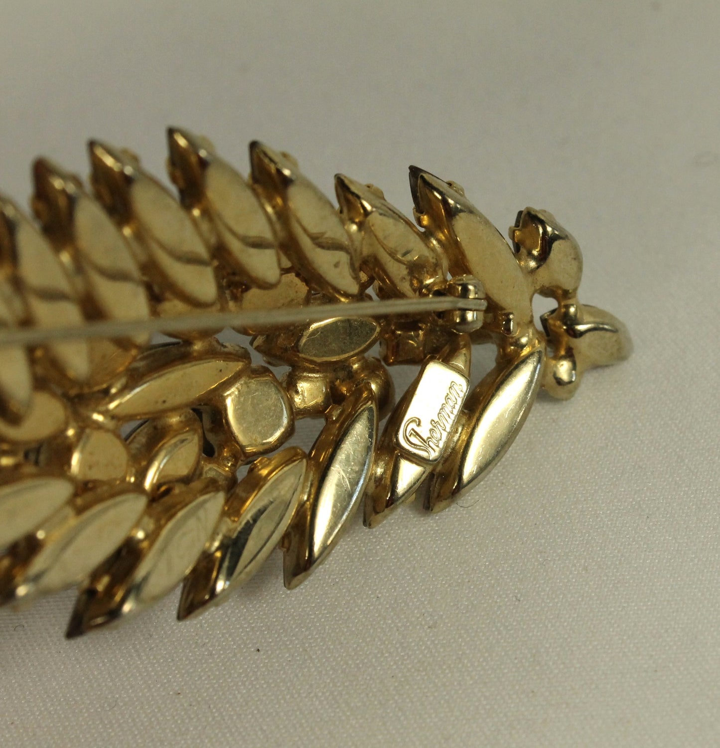 Spectacular Vintage Sherman Brooch - Champagne Topaz & Aurora Borealis AB Crystal Leaf/Feather Pin