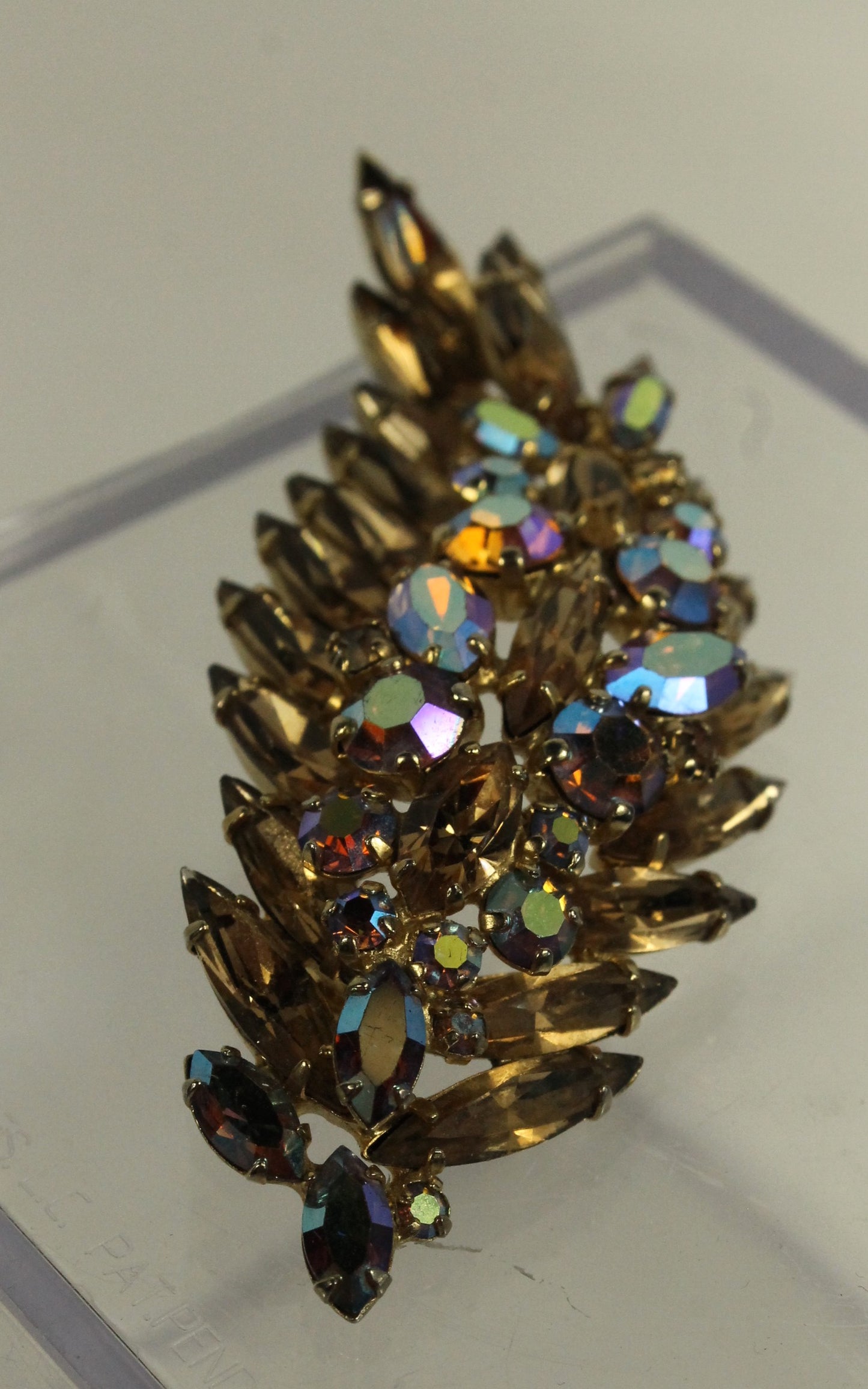 Spectacular Vintage Sherman Brooch - Champagne Topaz & Aurora Borealis AB Crystal Leaf/Feather Pin