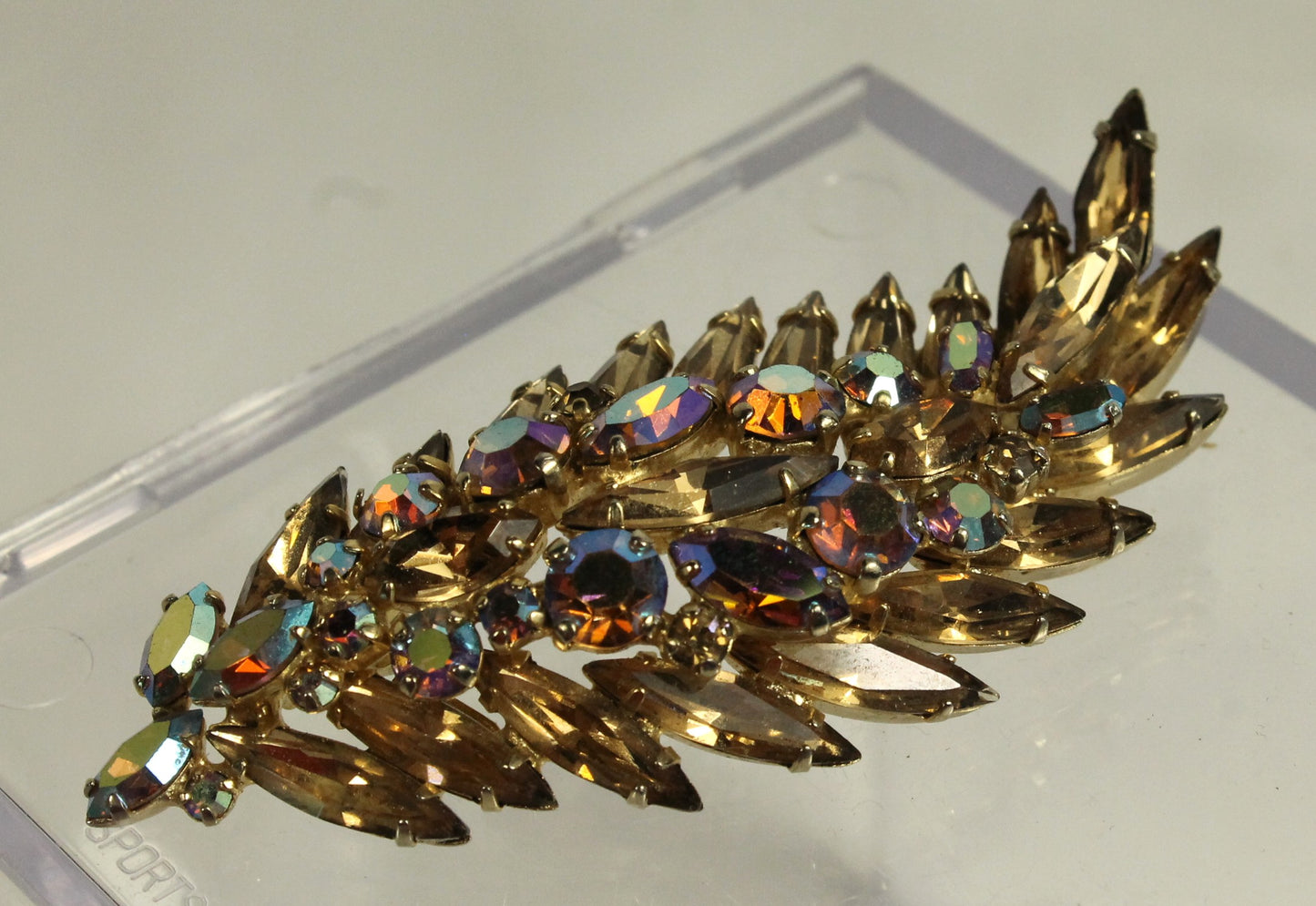 Spectacular Vintage Sherman Brooch - Champagne Topaz & Aurora Borealis AB Crystal Leaf/Feather Pin