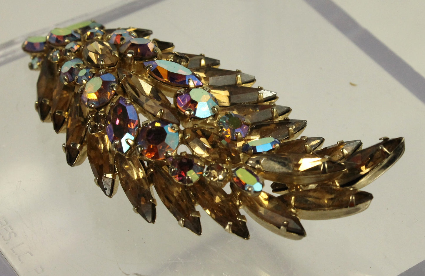 Spectacular Vintage Sherman Brooch - Champagne Topaz & Aurora Borealis AB Crystal Leaf/Feather Pin
