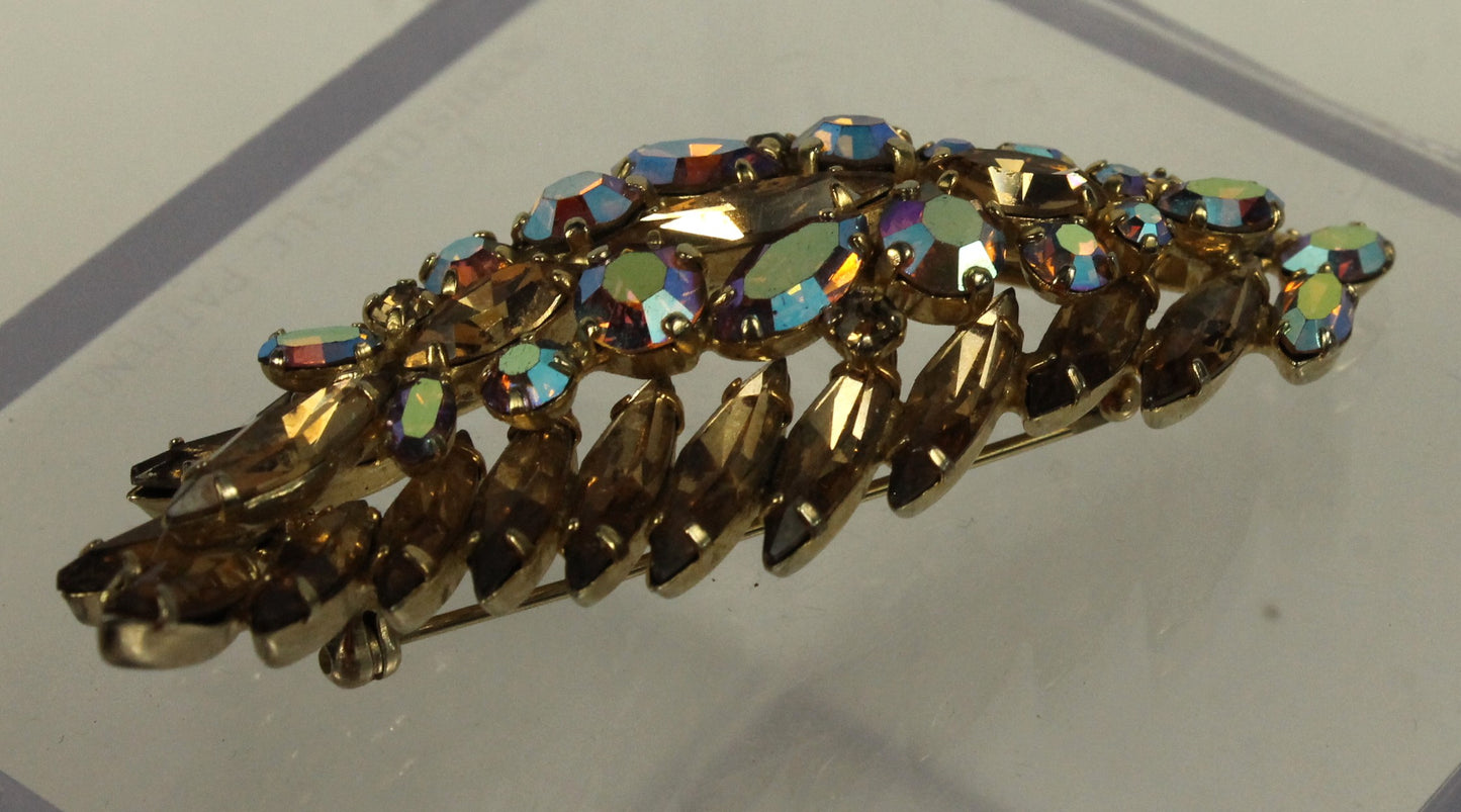 Spectacular Vintage Sherman Brooch - Champagne Topaz & Aurora Borealis AB Crystal Leaf/Feather Pin
