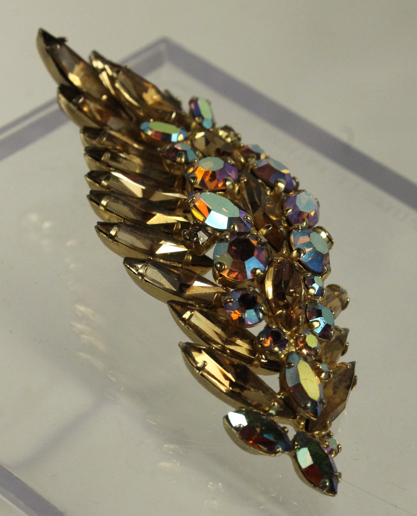 Spectacular Vintage Sherman Brooch - Champagne Topaz & Aurora Borealis AB Crystal Leaf/Feather Pin
