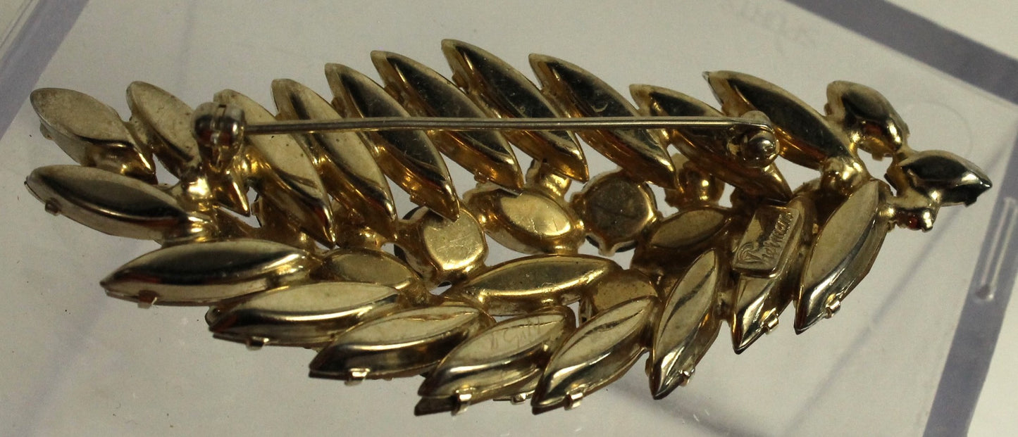Spectacular Vintage Sherman Brooch - Champagne Topaz & Aurora Borealis AB Crystal Leaf/Feather Pin