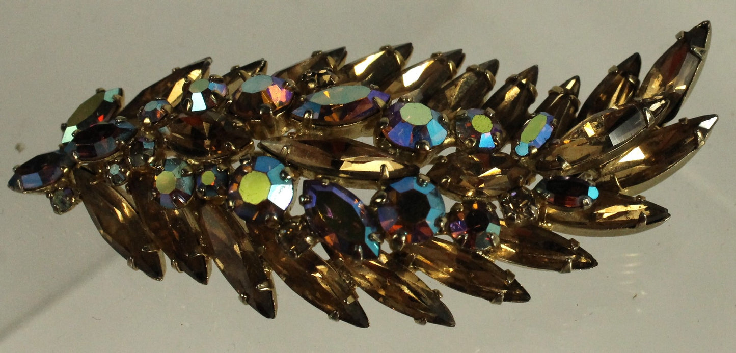 Spectacular Vintage Sherman Brooch - Champagne Topaz & Aurora Borealis AB Crystal Leaf/Feather Pin