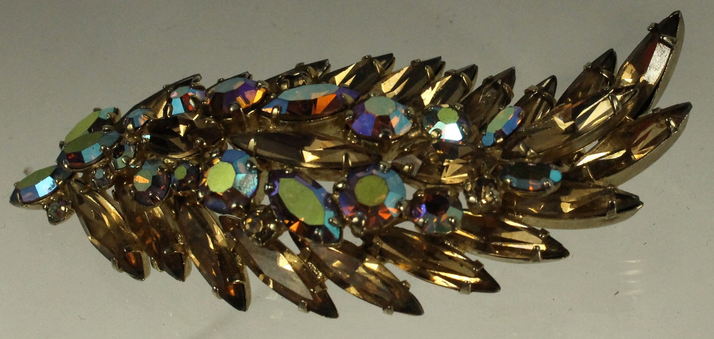 Spectacular Vintage Sherman Brooch - Champagne Topaz & Aurora Borealis AB Crystal Leaf/Feather Pin