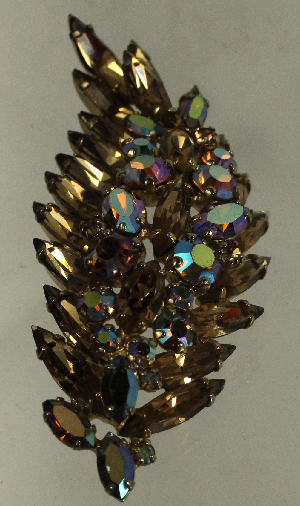 Spectacular Vintage Sherman Brooch - Champagne Topaz & Aurora Borealis AB Crystal Leaf/Feather Pin