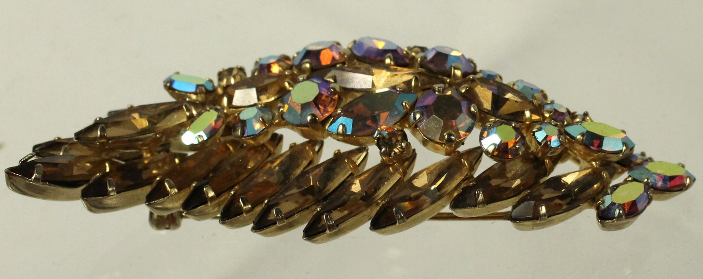 Spectacular Vintage Sherman Brooch - Champagne Topaz & Aurora Borealis AB Crystal Leaf/Feather Pin