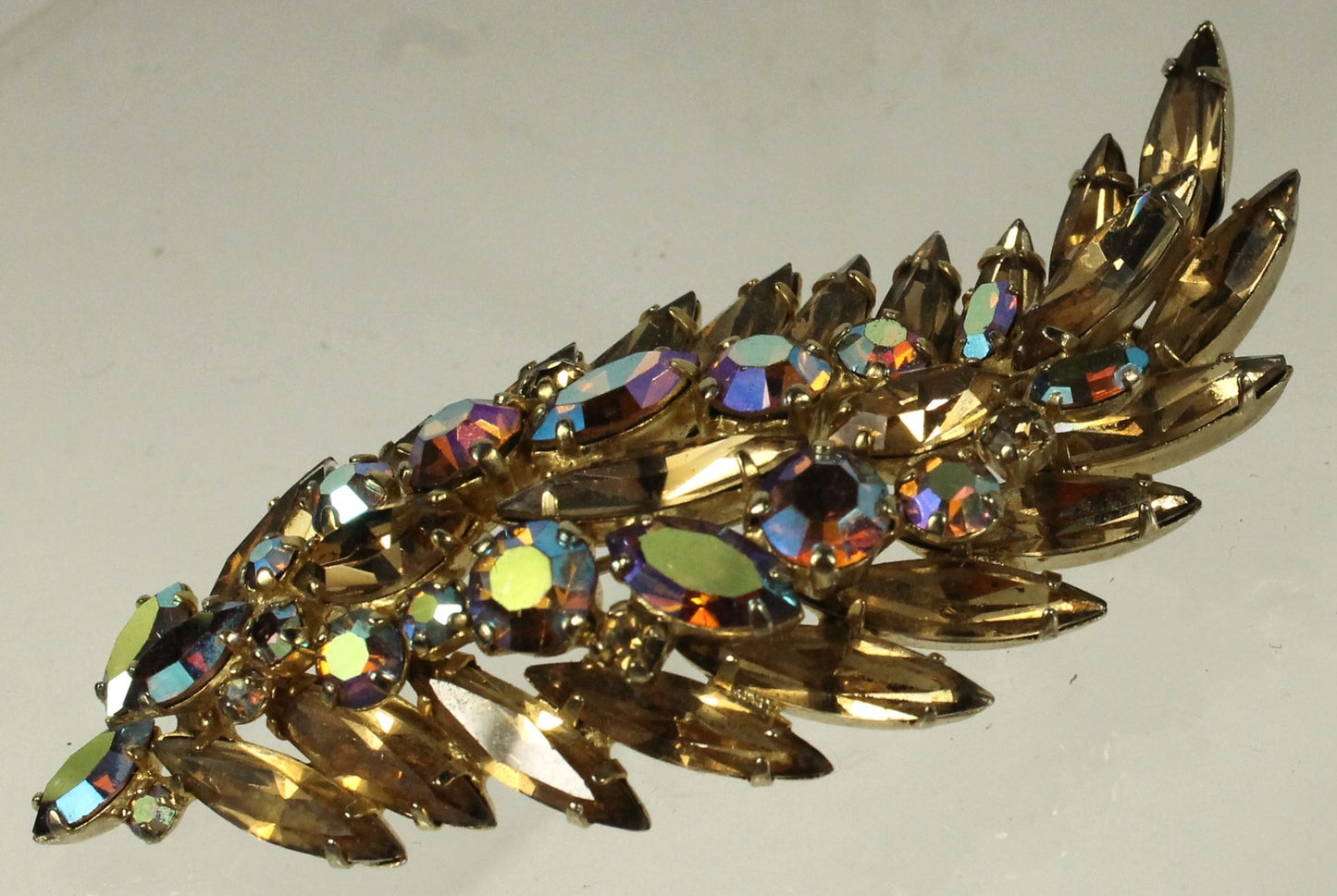 Spectacular Vintage Sherman Brooch - Champagne Topaz & Aurora Borealis AB Crystal Leaf/Feather Pin