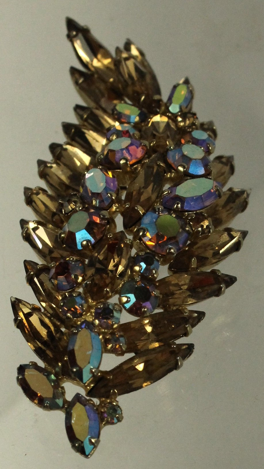 Spectacular Vintage Sherman Brooch - Champagne Topaz & Aurora Borealis AB Crystal Leaf/Feather Pin