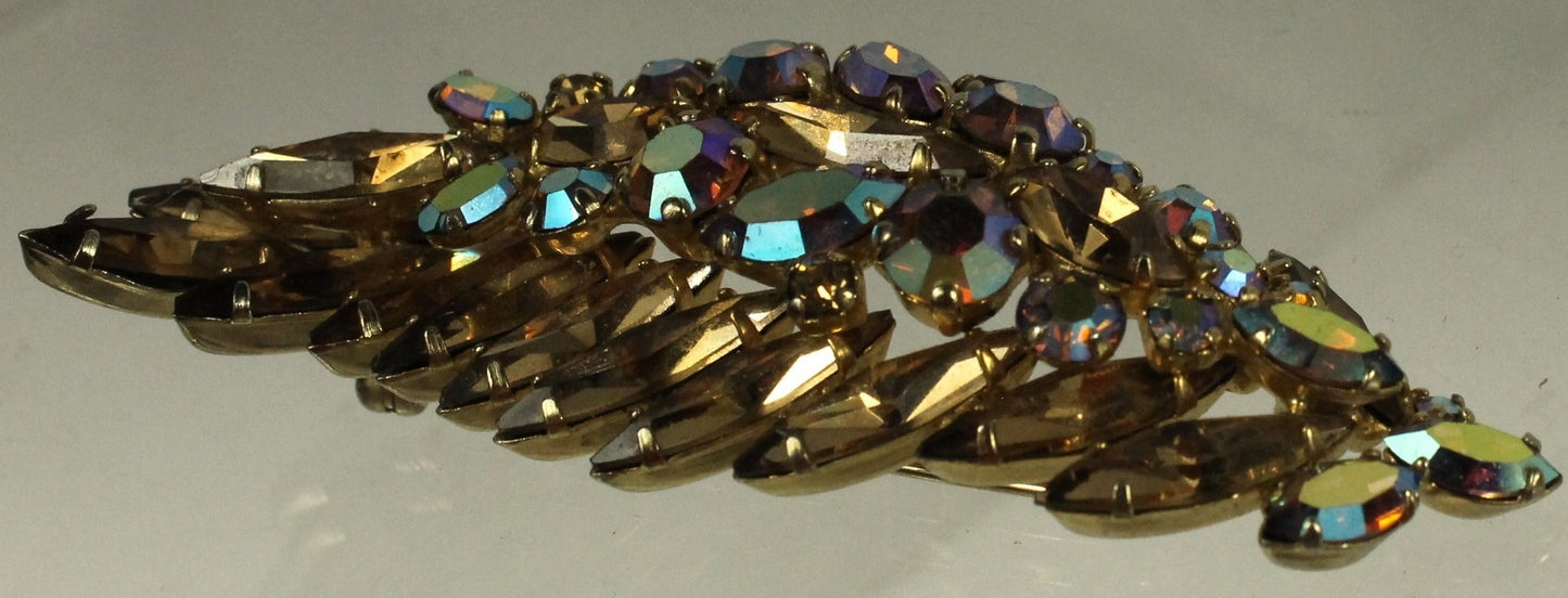 Spectacular Vintage Sherman Brooch - Champagne Topaz & Aurora Borealis AB Crystal Leaf/Feather Pin