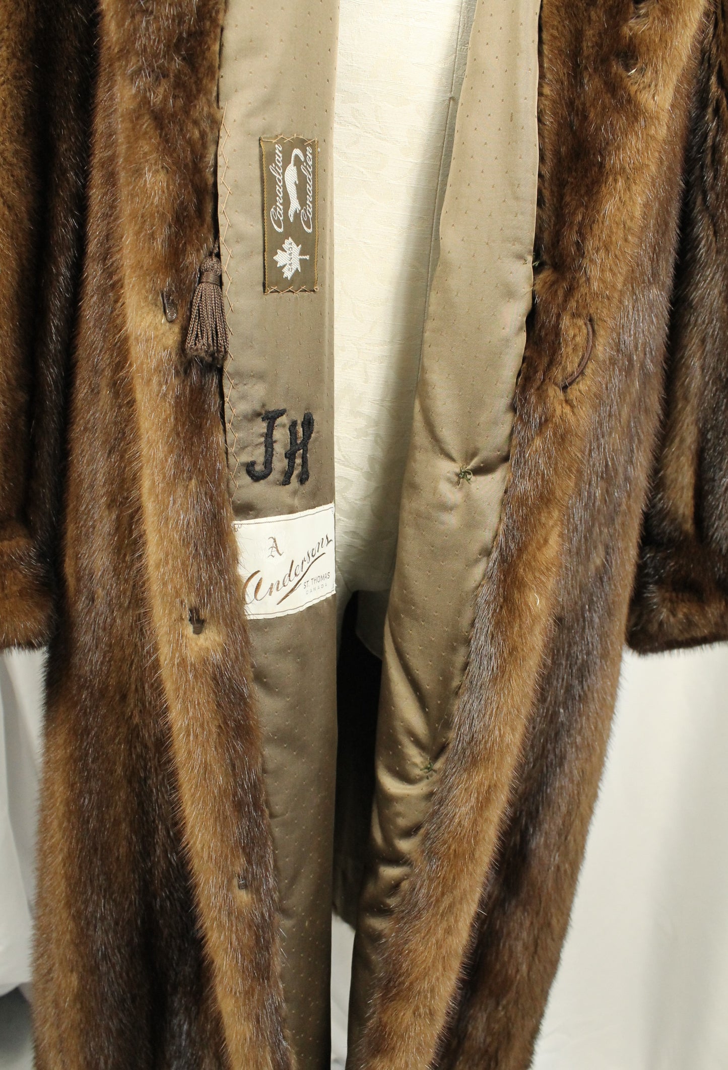 Elegant Vintage Mink Fur Coat with Shawl Collar, Monogrammed Lining Size XXL