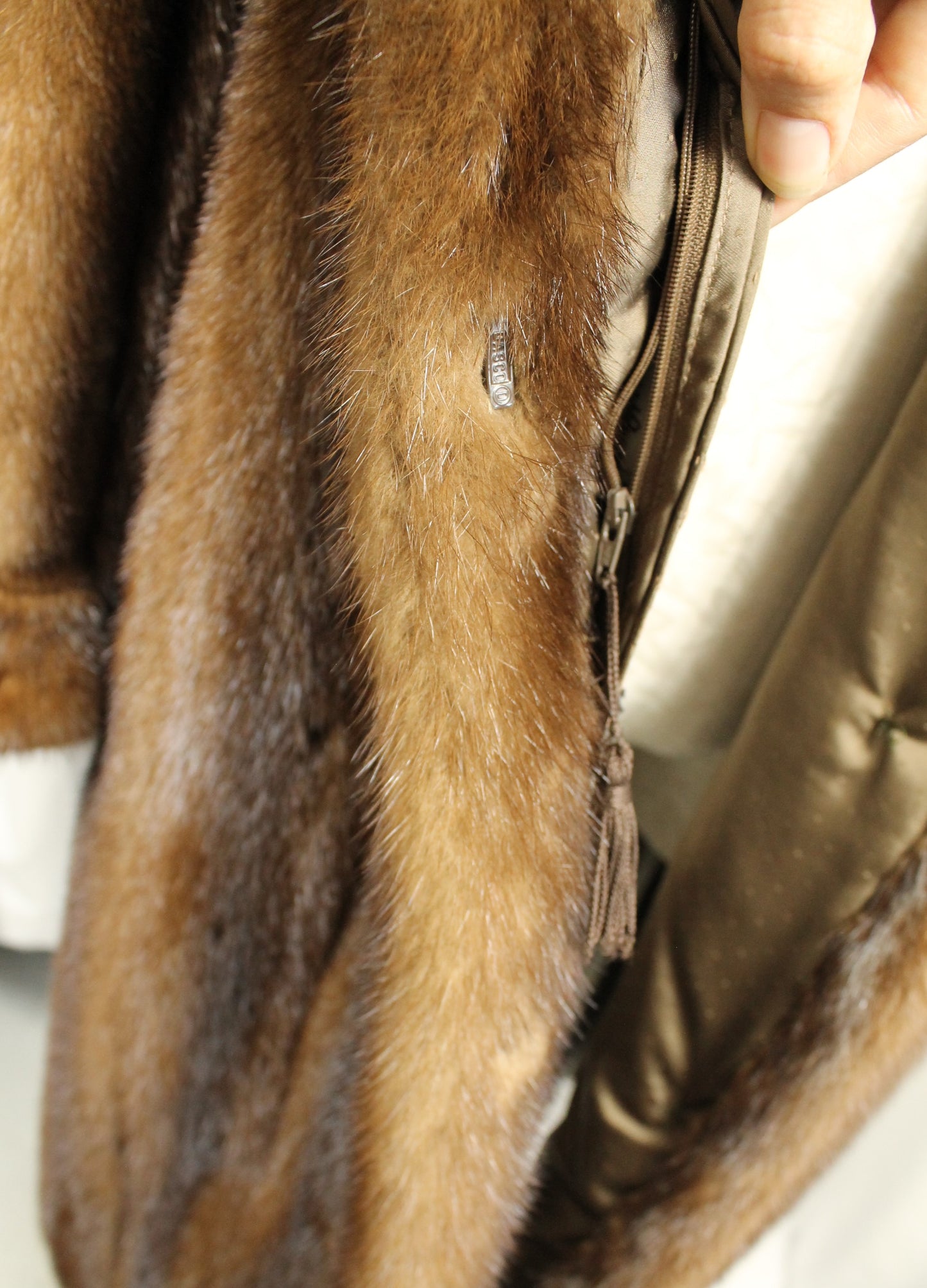 Elegant Vintage Mink Fur Coat with Shawl Collar, Monogrammed Lining Size XXL