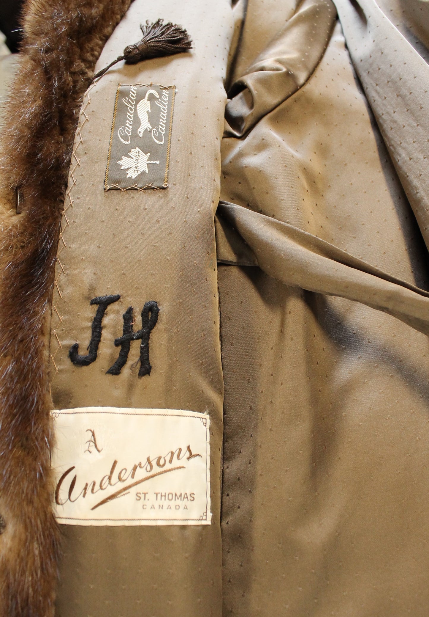 Elegant Vintage Mink Fur Coat with Shawl Collar, Monogrammed Lining Size XXL
