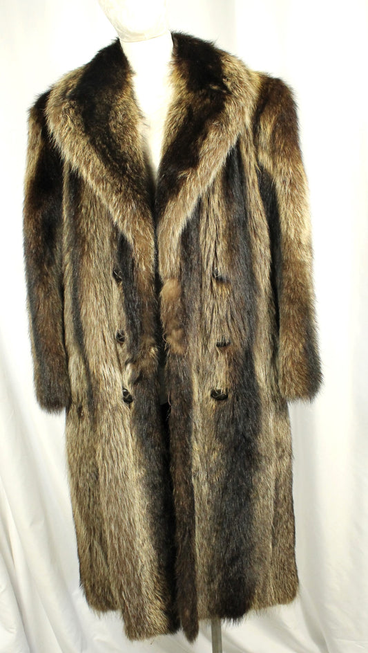 Dramatic Vintage Long-Haired Striped Fur Coat Size XXL - Full Length with Wide Collar - Made in Canada