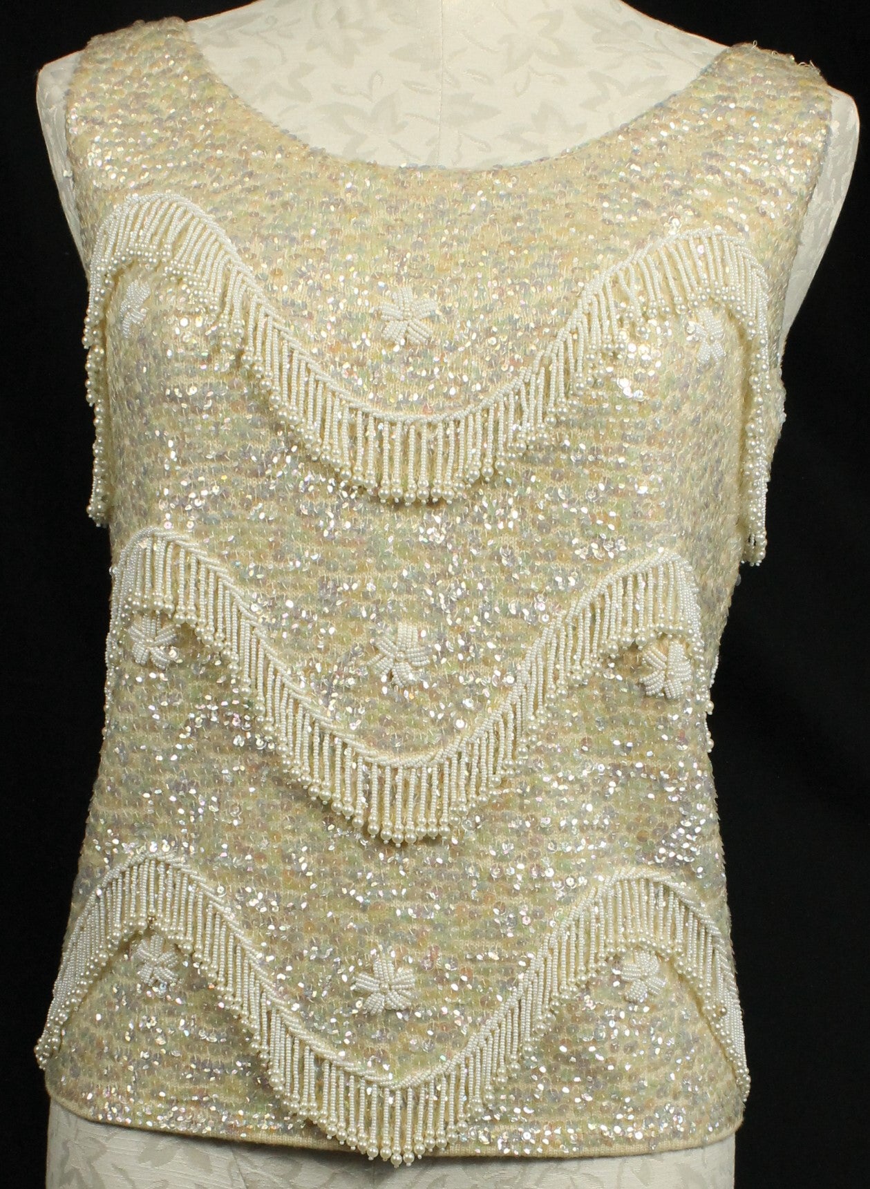Vintage Hand-Beaded Wool Sleeveless Top – Made in Hong Kong, Size 36/Medium