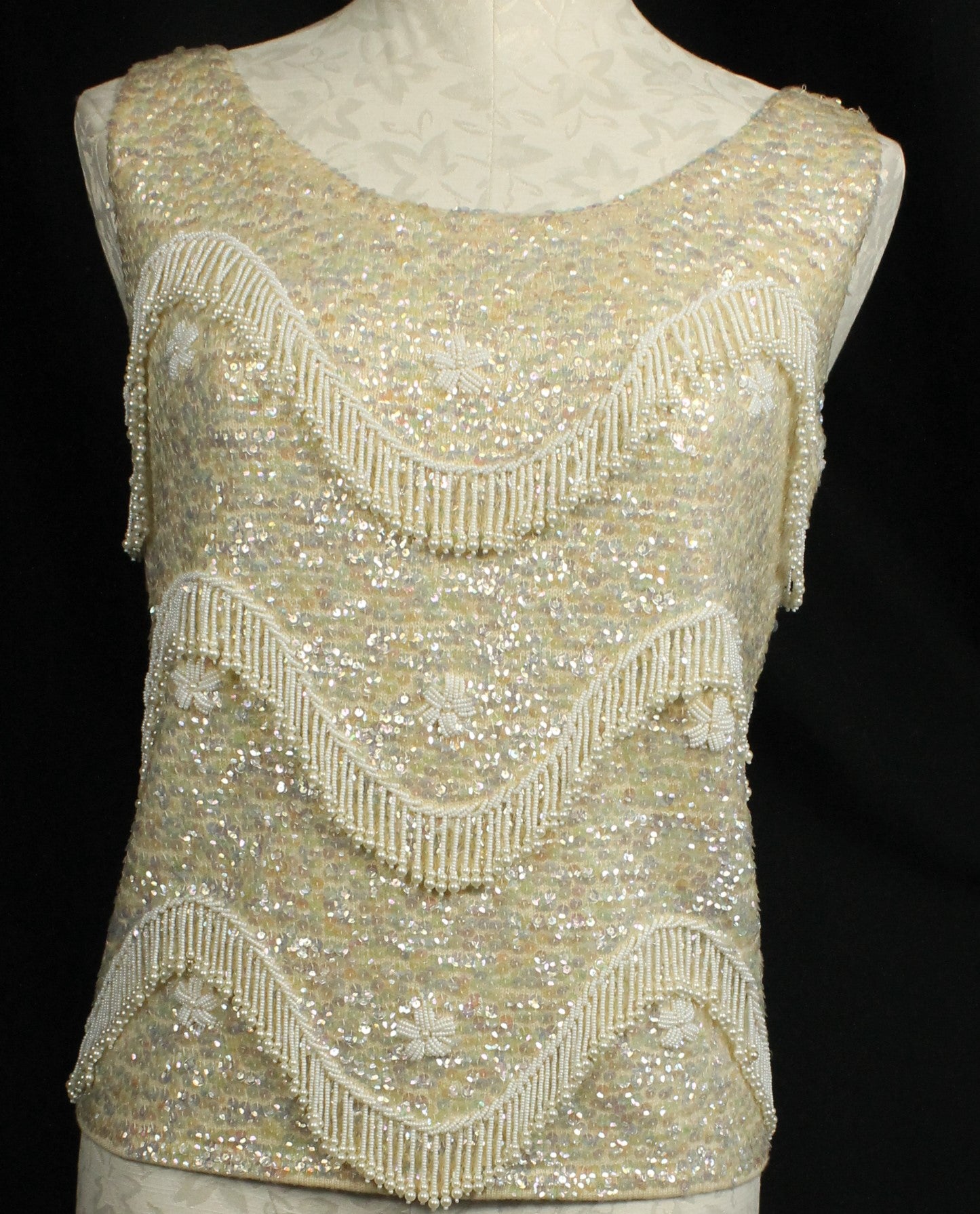 Vintage Hand-Beaded Wool Sleeveless Top – Made in Hong Kong, Size 36/Medium