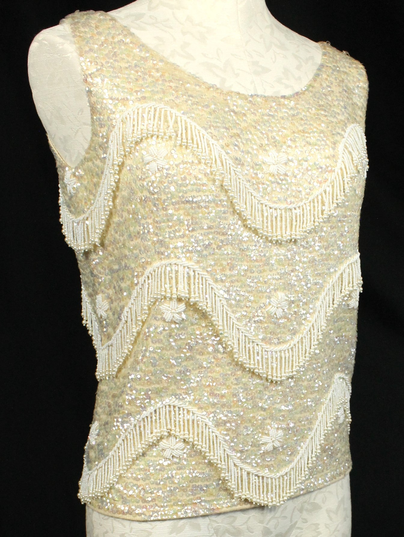Vintage Hand-Beaded Wool Sleeveless Top – Made in Hong Kong, Size 36/Medium