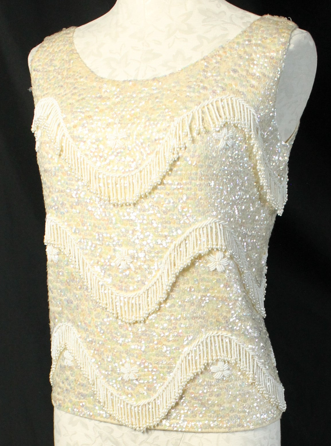 Vintage Hand-Beaded Wool Sleeveless Top – Made in Hong Kong, Size 36/Medium