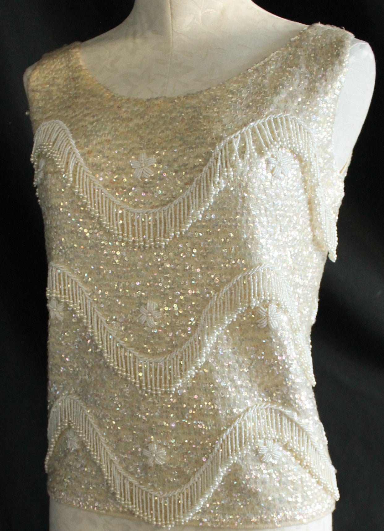 Vintage Hand-Beaded Wool Sleeveless Top – Made in Hong Kong, Size 36/Medium