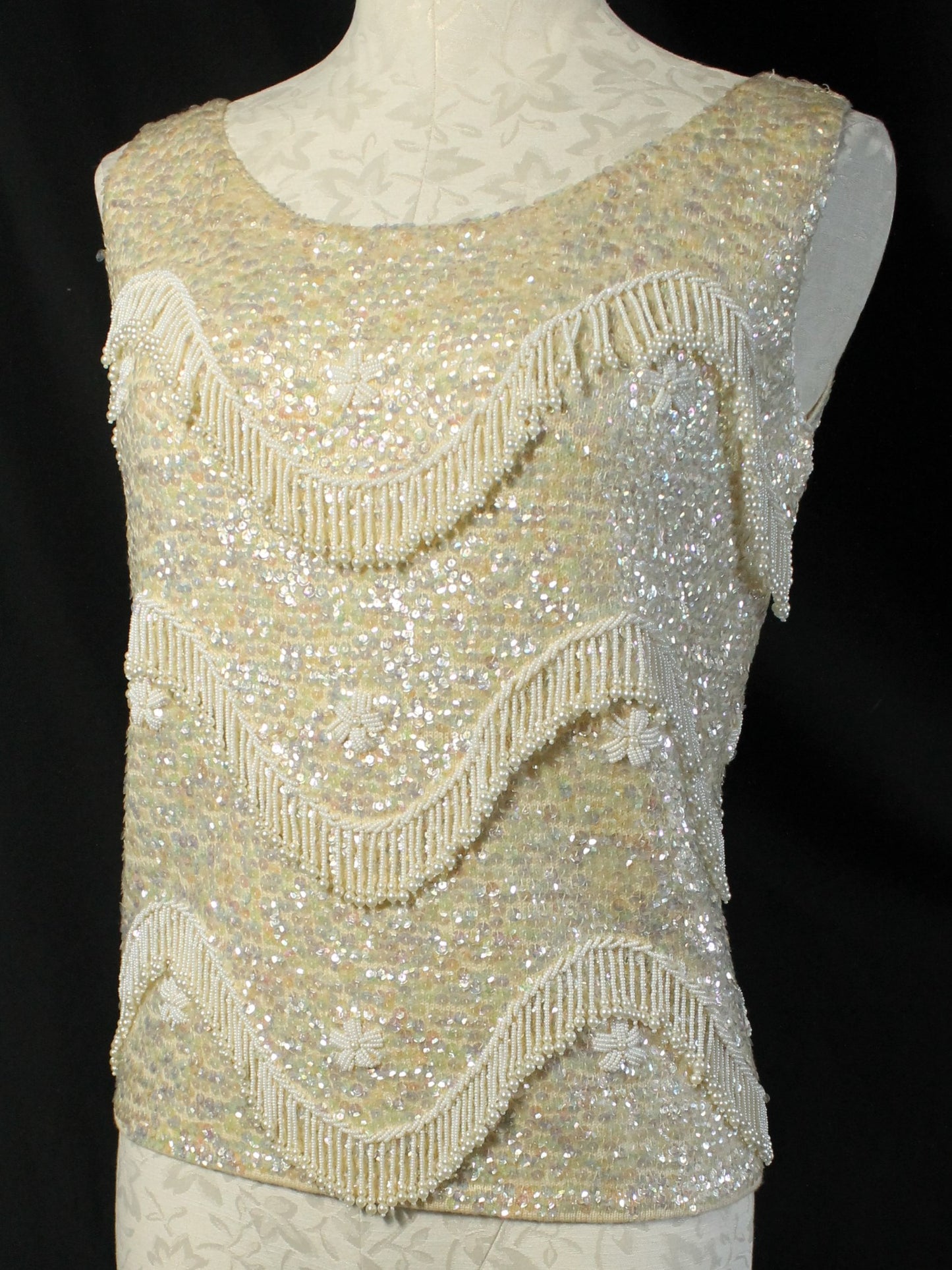 Vintage Hand-Beaded Wool Sleeveless Top – Made in Hong Kong, Size 36/Medium