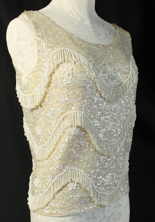 Vintage Hand-Beaded Wool Sleeveless Top – Made in Hong Kong, Size 36/Medium