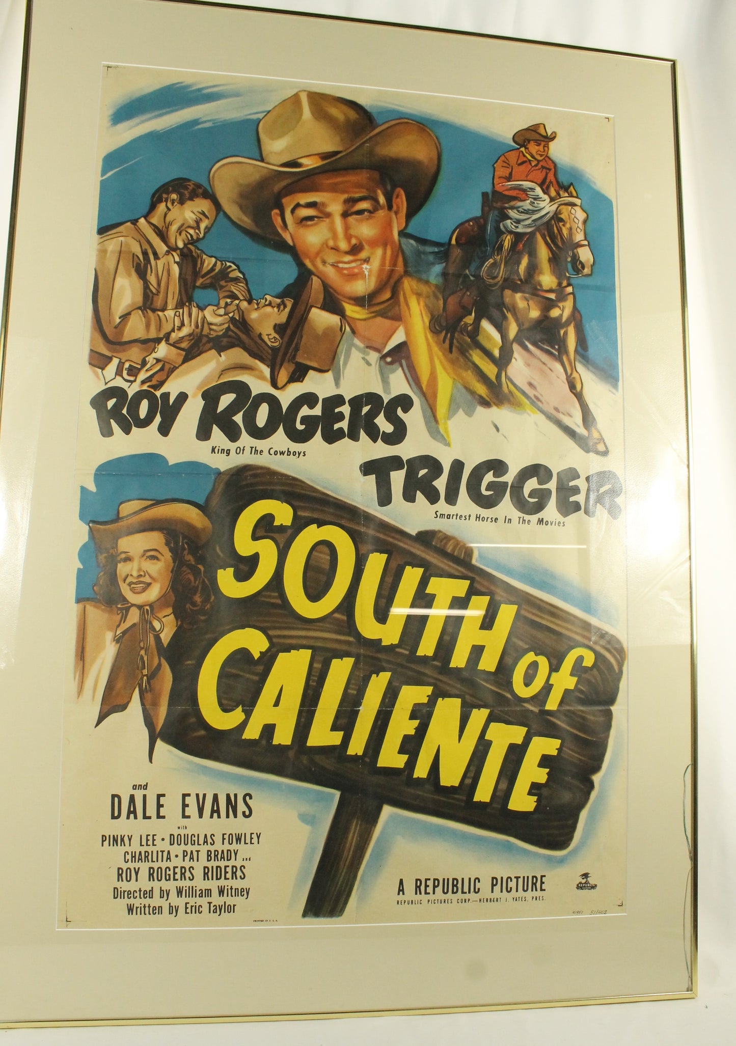 Vintage 1951 Roy Rogers & Trigger Movie Poster - South of Caliente - Framed