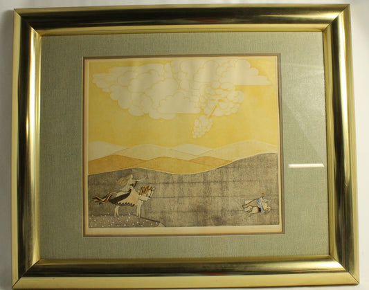 Vintage Surrealist/Folk Art Etching Cheval by A. Maria