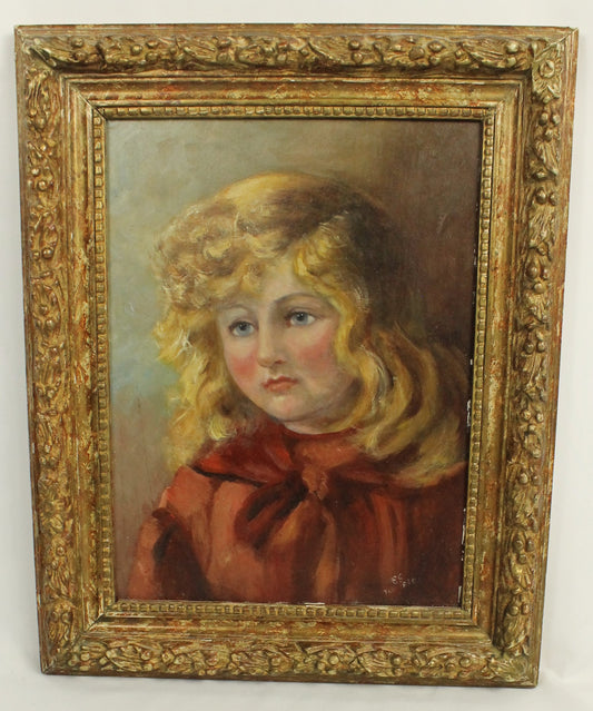 Antique Oil Portrait of a Fair-Haired Child in Red