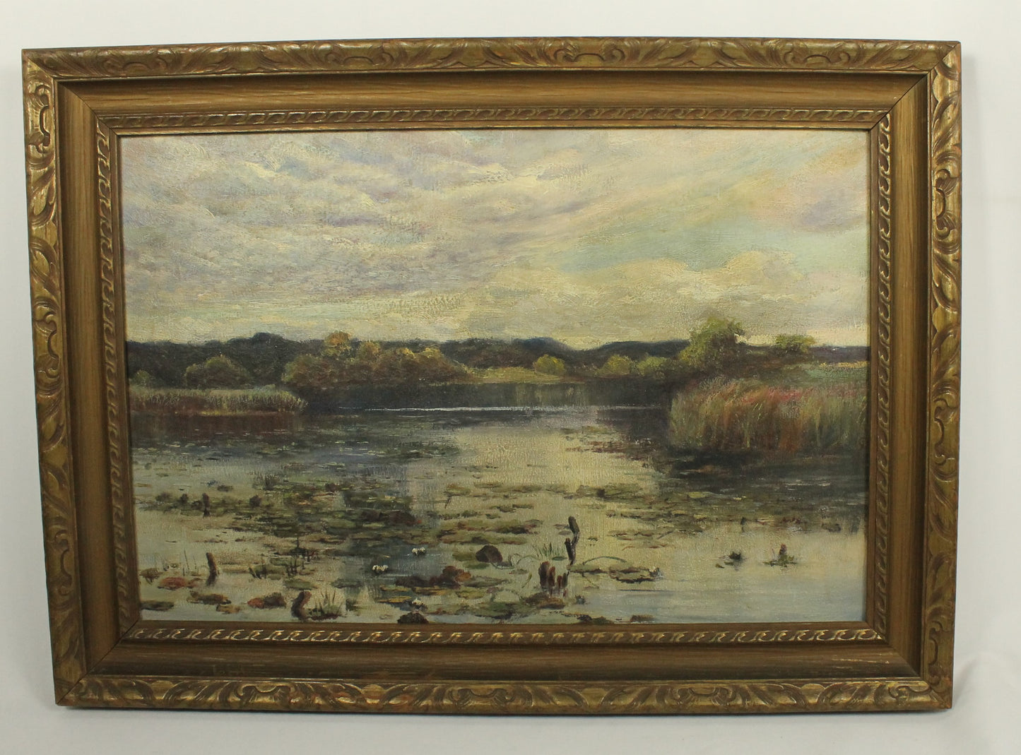 Vintage Wetland Landscape Oil Painting - Duck Pond with Water Lilies