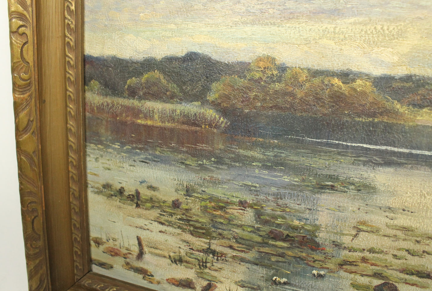 Vintage Wetland Landscape Oil Painting - Duck Pond with Water Lilies