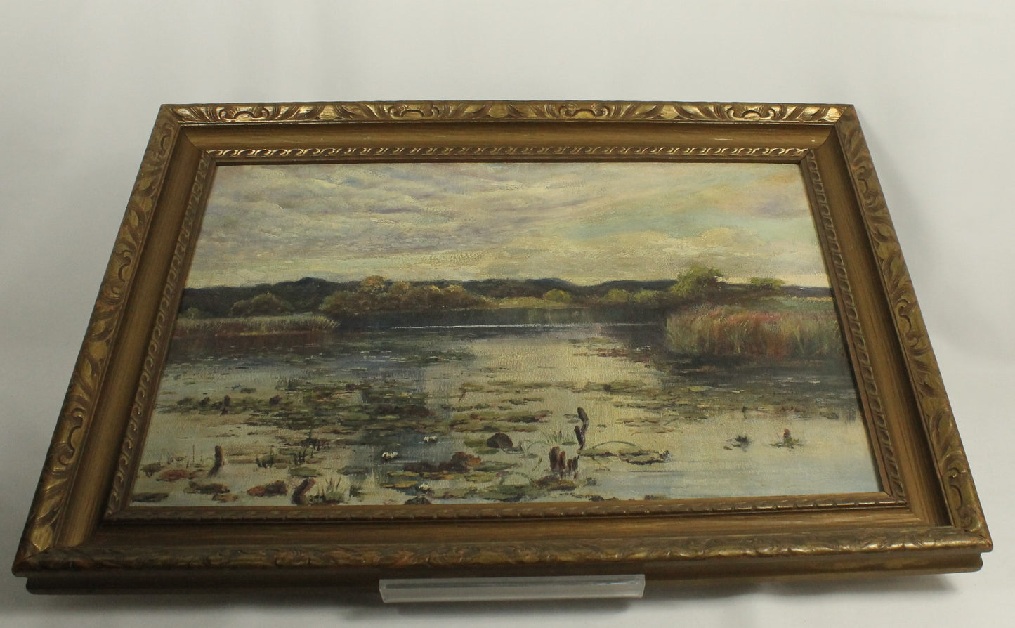 Vintage Wetland Landscape Oil Painting - Duck Pond with Water Lilies