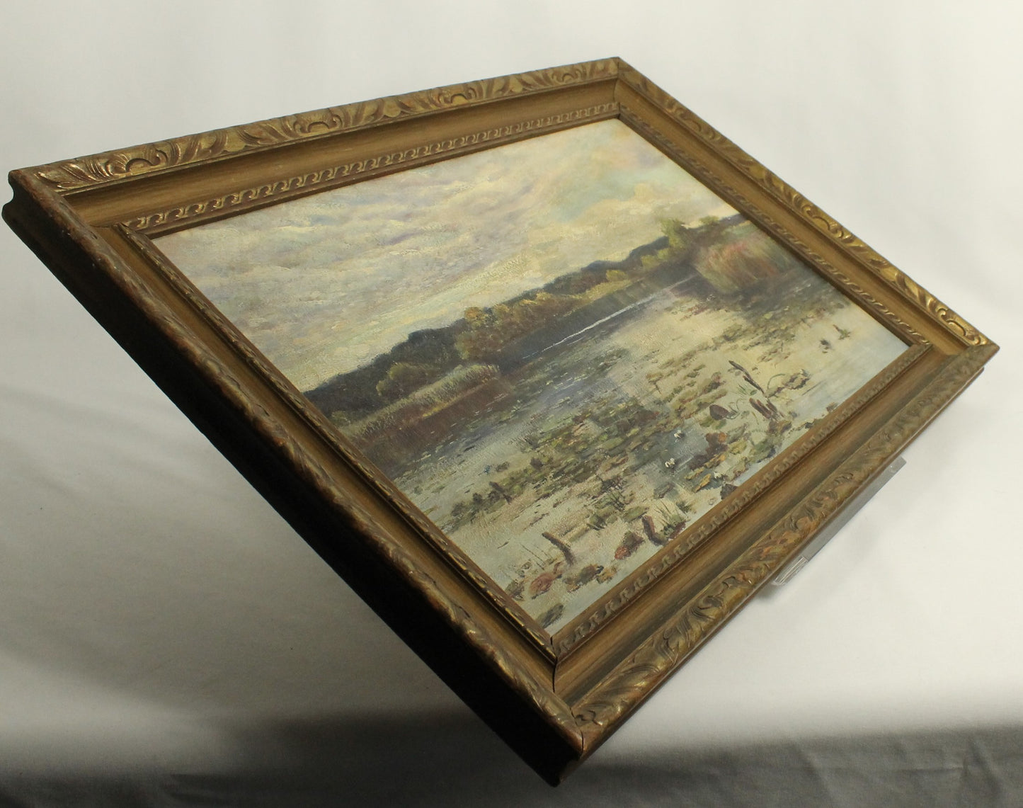 Vintage Wetland Landscape Oil Painting - Duck Pond with Water Lilies