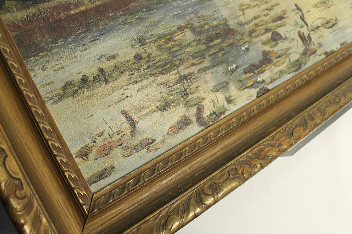 Vintage Wetland Landscape Oil Painting - Duck Pond with Water Lilies