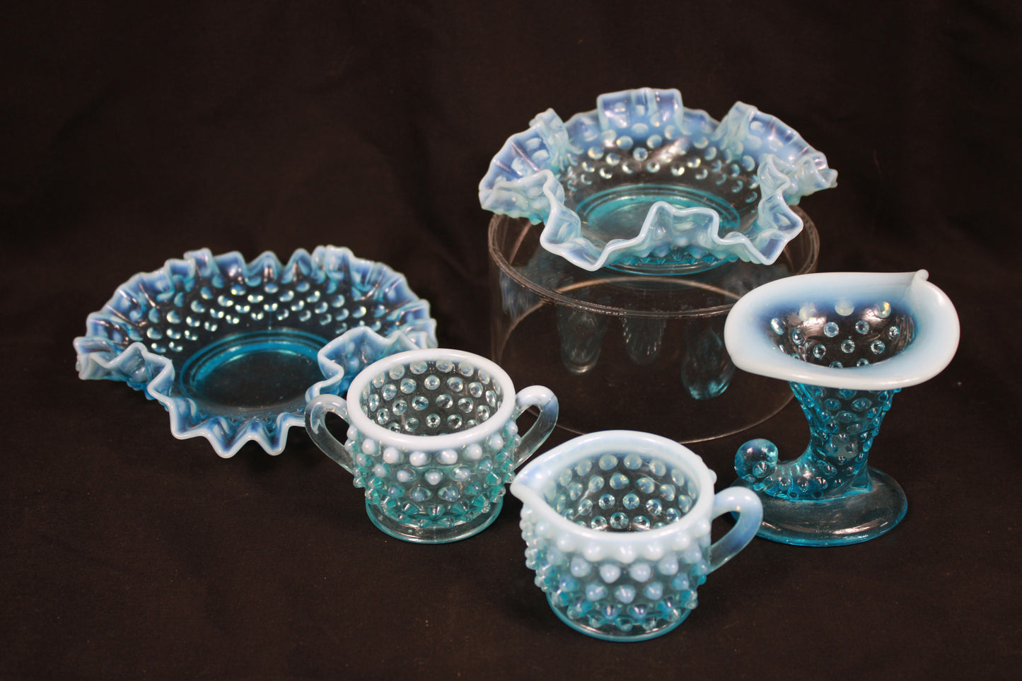 Stunning Vintage Blue Opalescent Hobnail Glass 5-Piece Set
