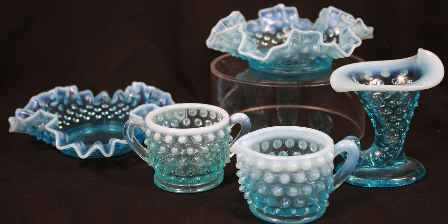 Stunning Vintage Blue Opalescent Hobnail Glass 5-Piece Set