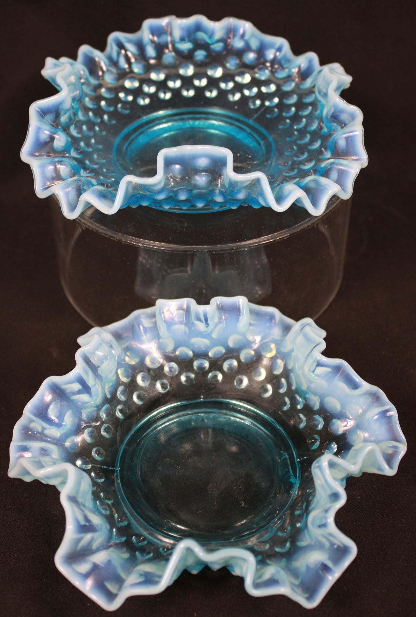 Stunning Vintage Blue Opalescent Hobnail Glass 5-Piece Set