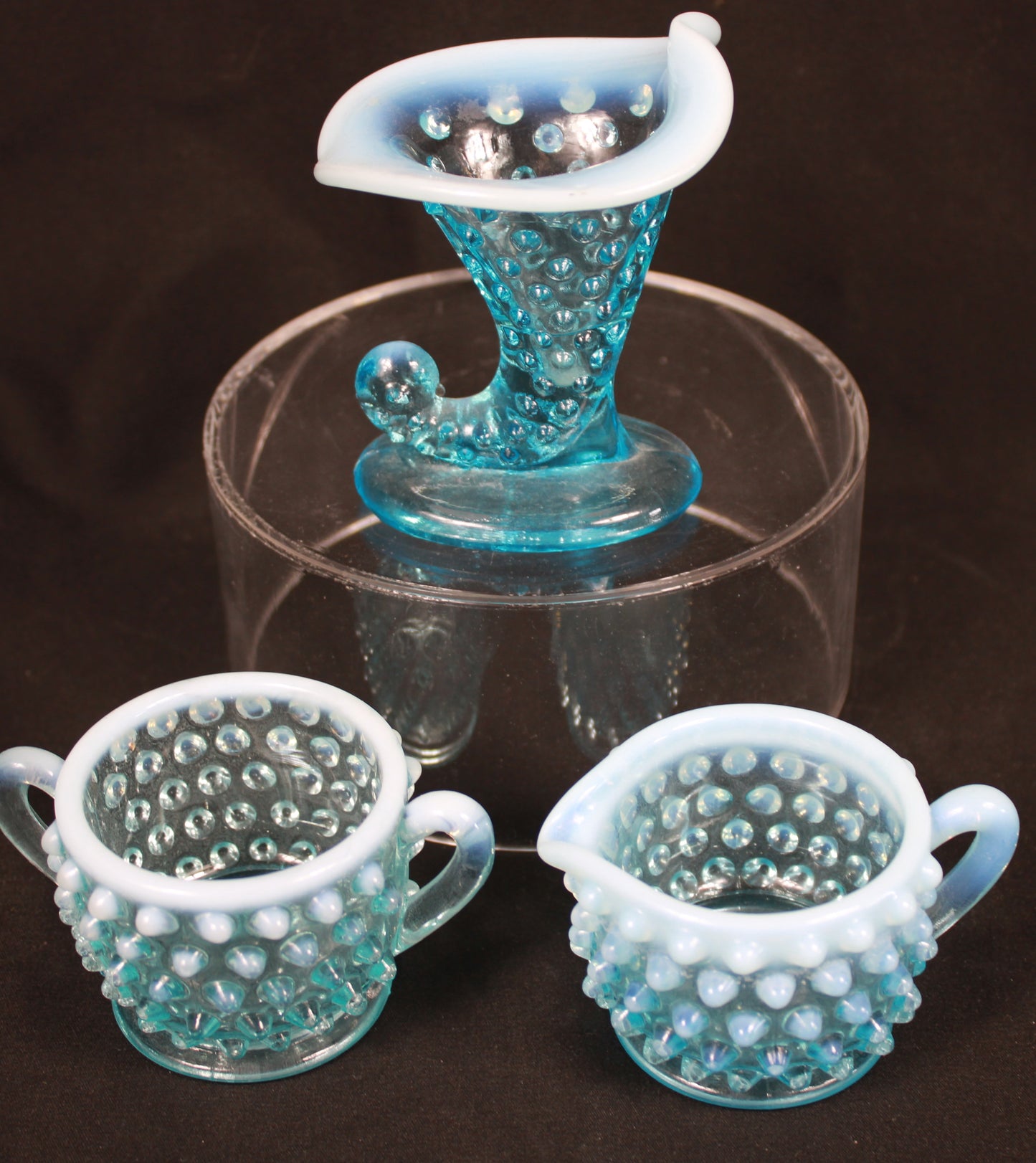 Stunning Vintage Blue Opalescent Hobnail Glass 5-Piece Set
