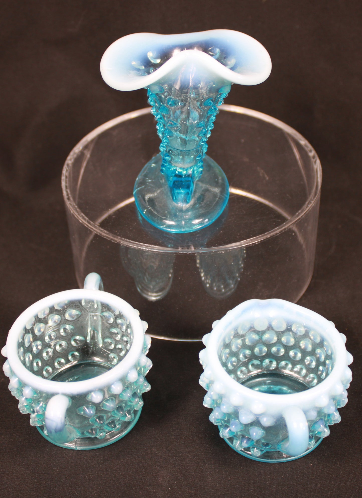 Stunning Vintage Blue Opalescent Hobnail Glass 5-Piece Set